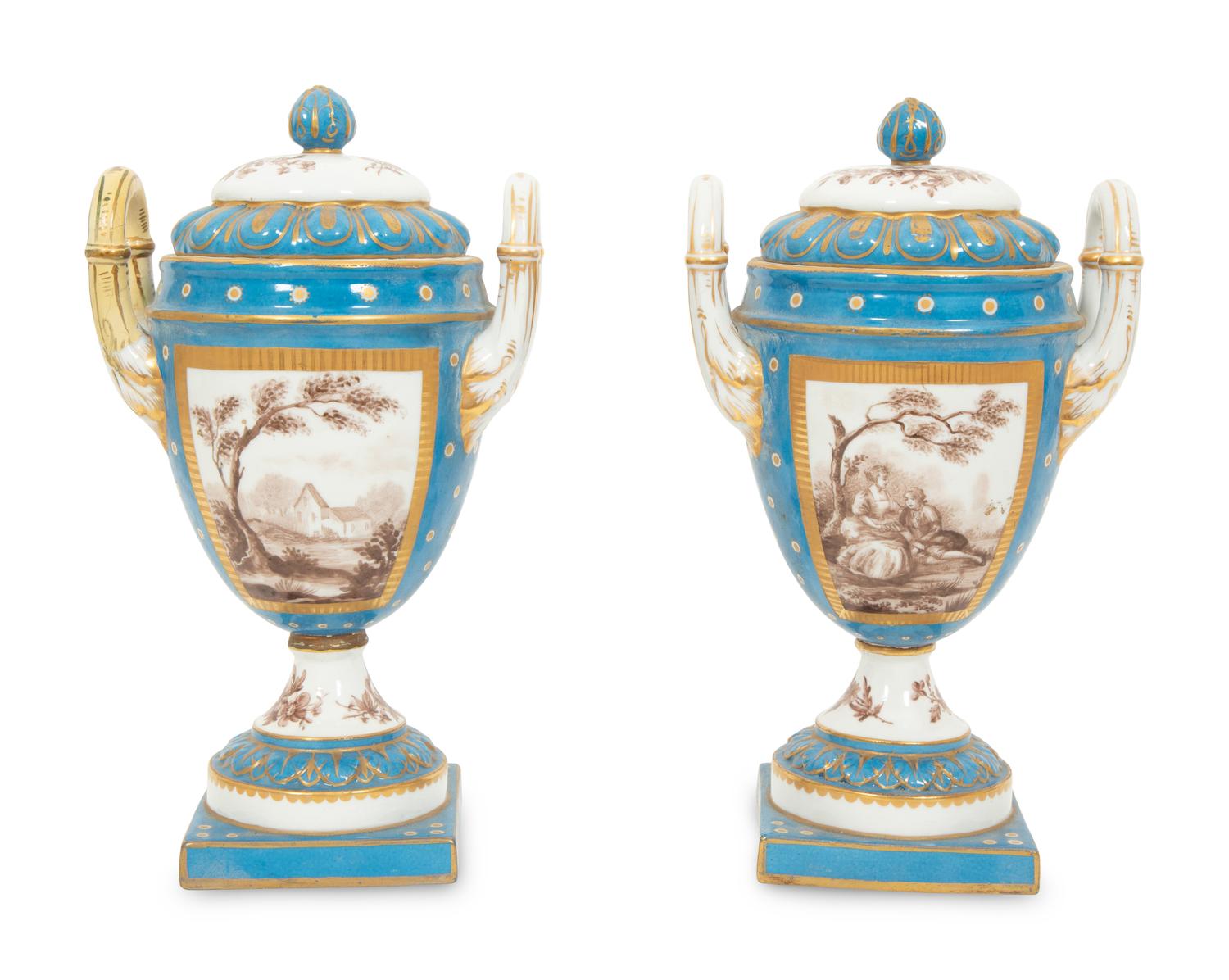 A Pair of S è vres Style Porcelain Covered Urns
