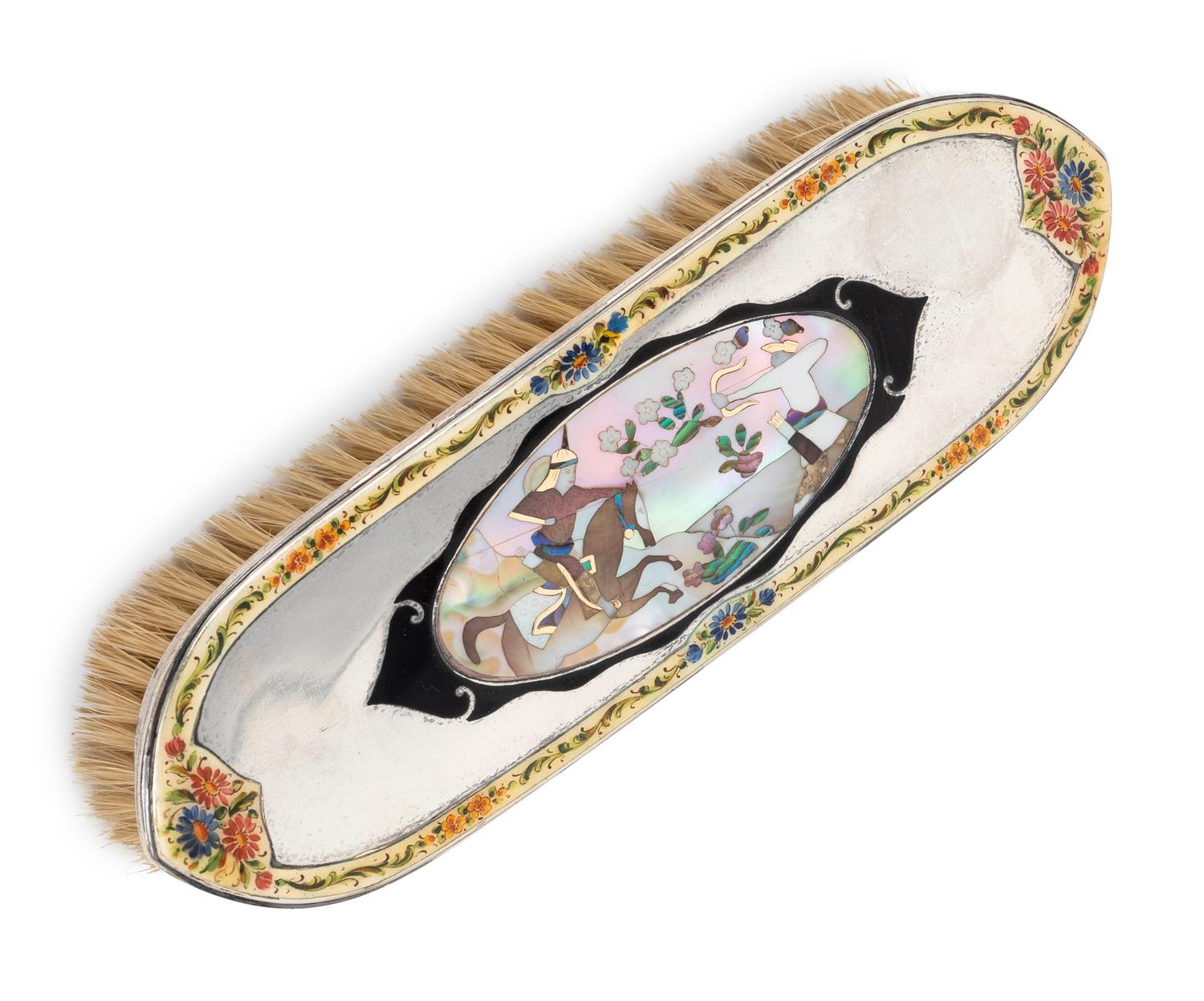 An Austrian Abalone, Enamel and Hardstone Inset Silver Eight-Piece Dresser Set