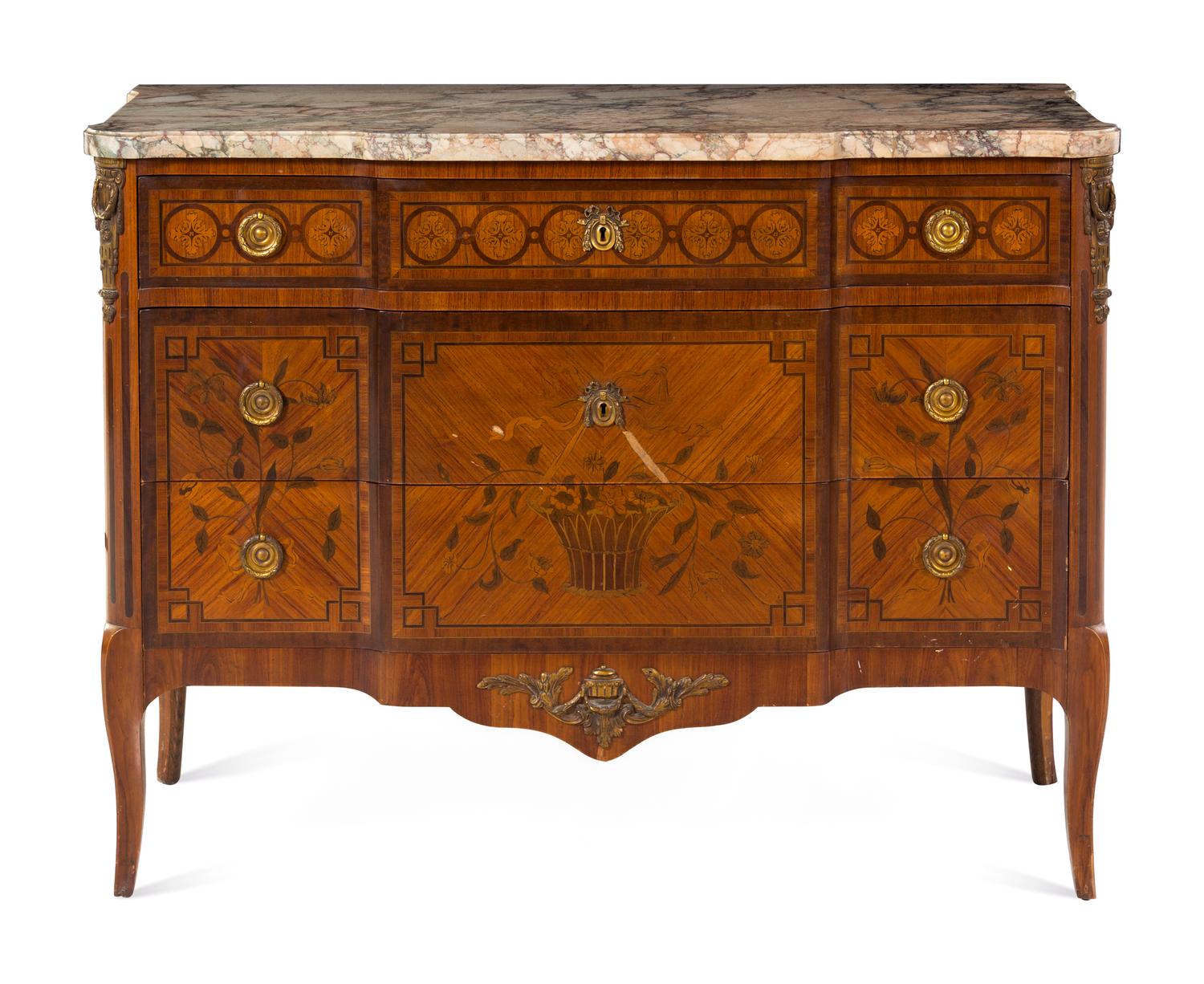 A Louis XV/XVI Transitional Style Gilt Bronze Mounted Marquetry Marble-Top Commode