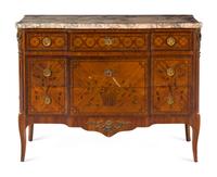 A Louis XV/XVI Transitional Style Gilt Bronze Mounted Marquetry Marble-Top Commode