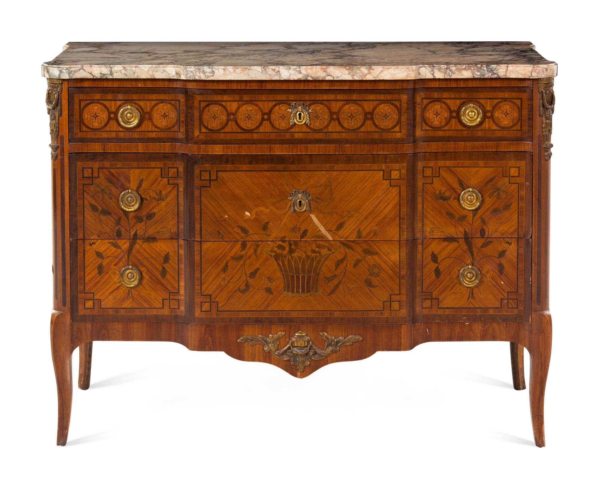 A Louis XV/XVI Transitional Style Gilt Bronze Mounted Marquetry Marble-Top Commode