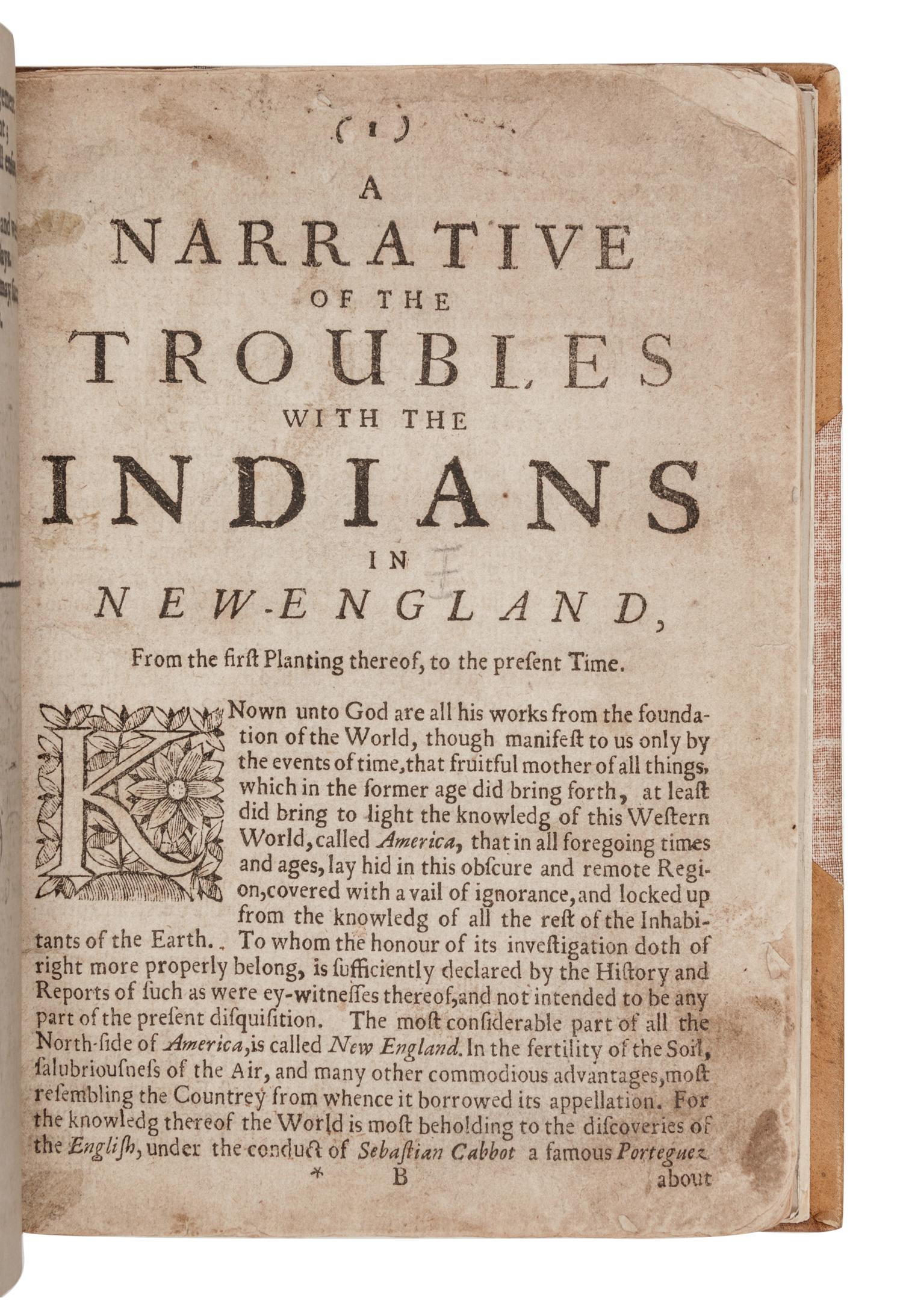 HUBBARD, William (1621?-1704). The Present State of New-England, being a Narrative of the Troubles with the Indians . London: for Tho. Parkhurst, 1677.