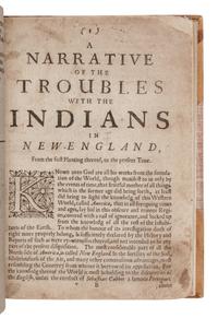 HUBBARD, William (1621?-1704). The Present State of New-England, being a Narrative of the Troubles with the Indians . London: for Tho. Parkhurst, 1677.