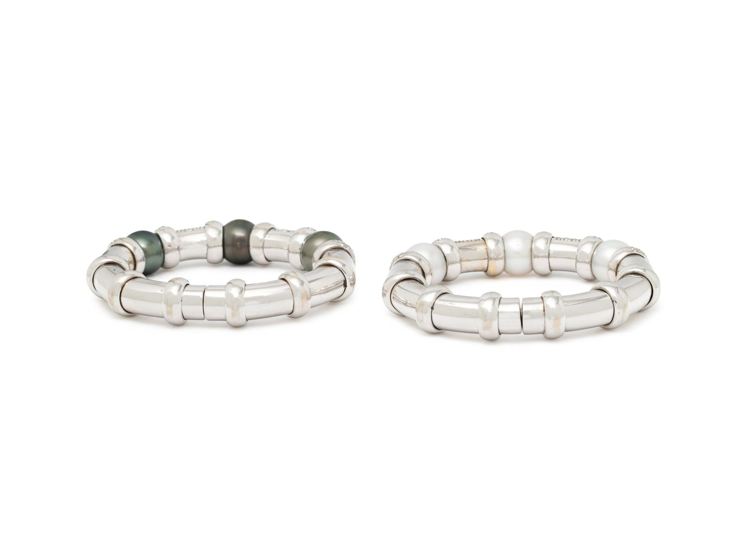 PAIR OF CULTURED PEARL, DIAMOND, AND WHITE GOLD CUFF BRACELETS