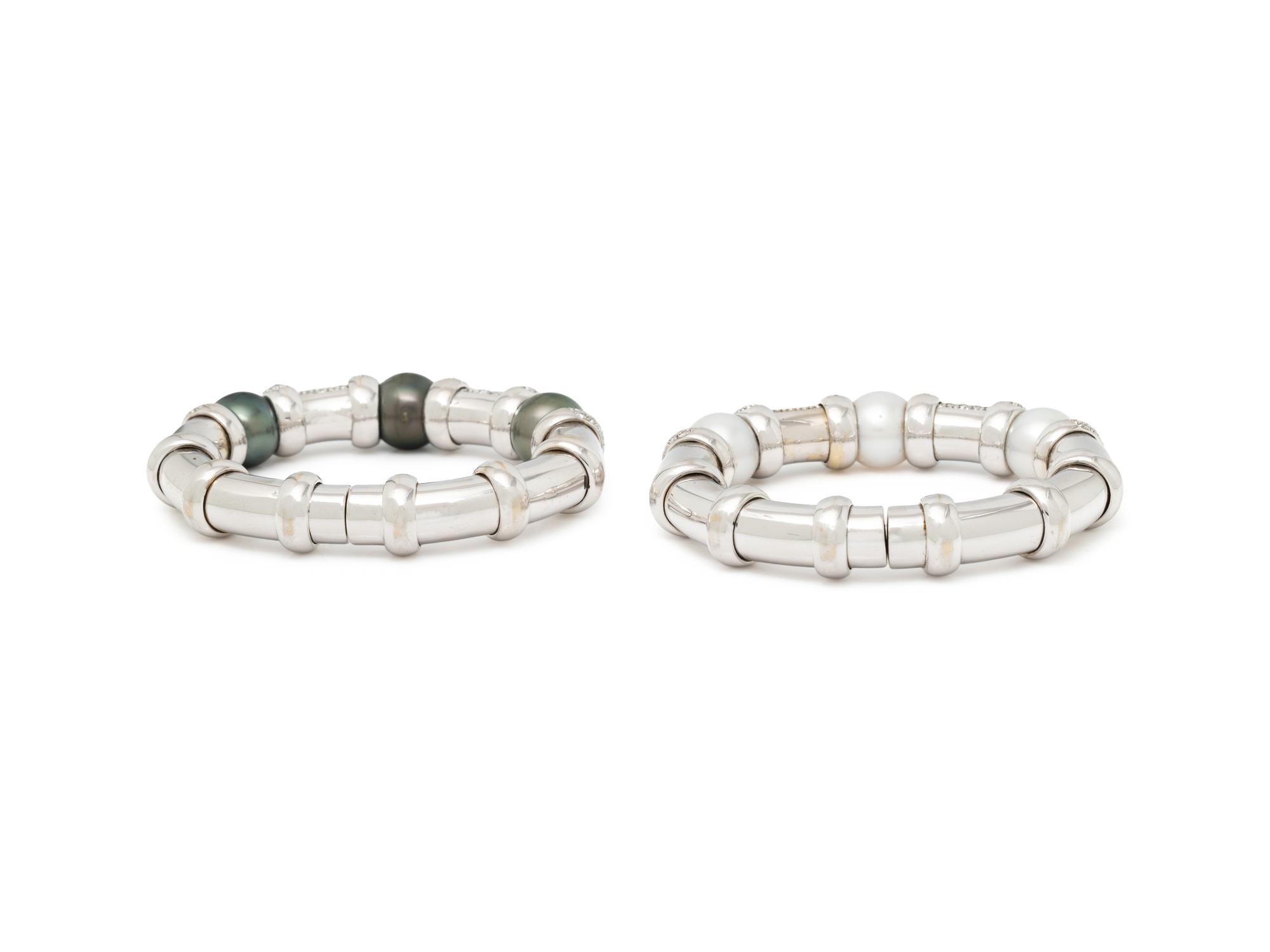 PAIR OF CULTURED PEARL, DIAMOND, AND WHITE GOLD CUFF BRACELETS