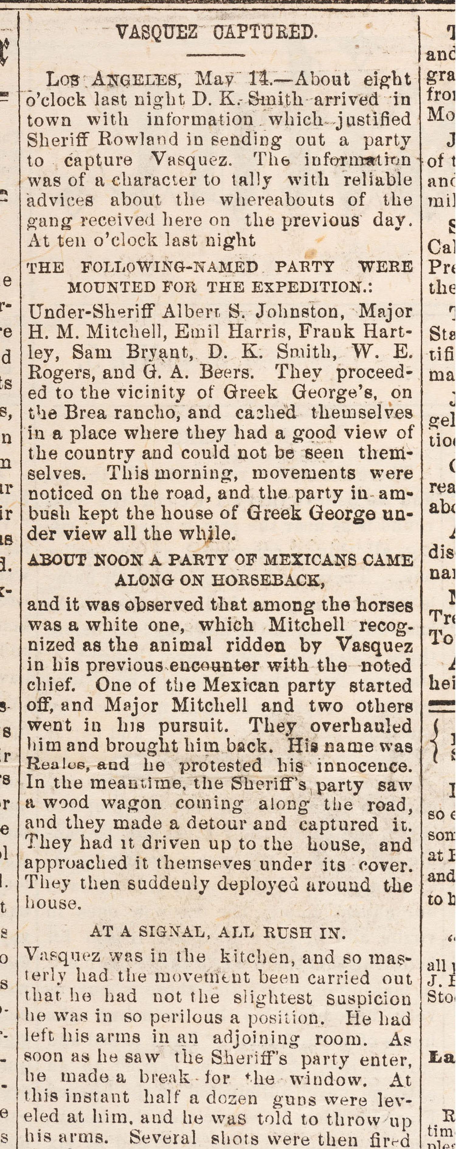 [OUTLAWS & LAWMEN]. The Weekly Fresno Expositor . Vol. 5, No. 5. Fresno, CA: J.W. Ferguson, 20 May 1874. Containing report of the capture of California bandit Tiburcio Vasquez.