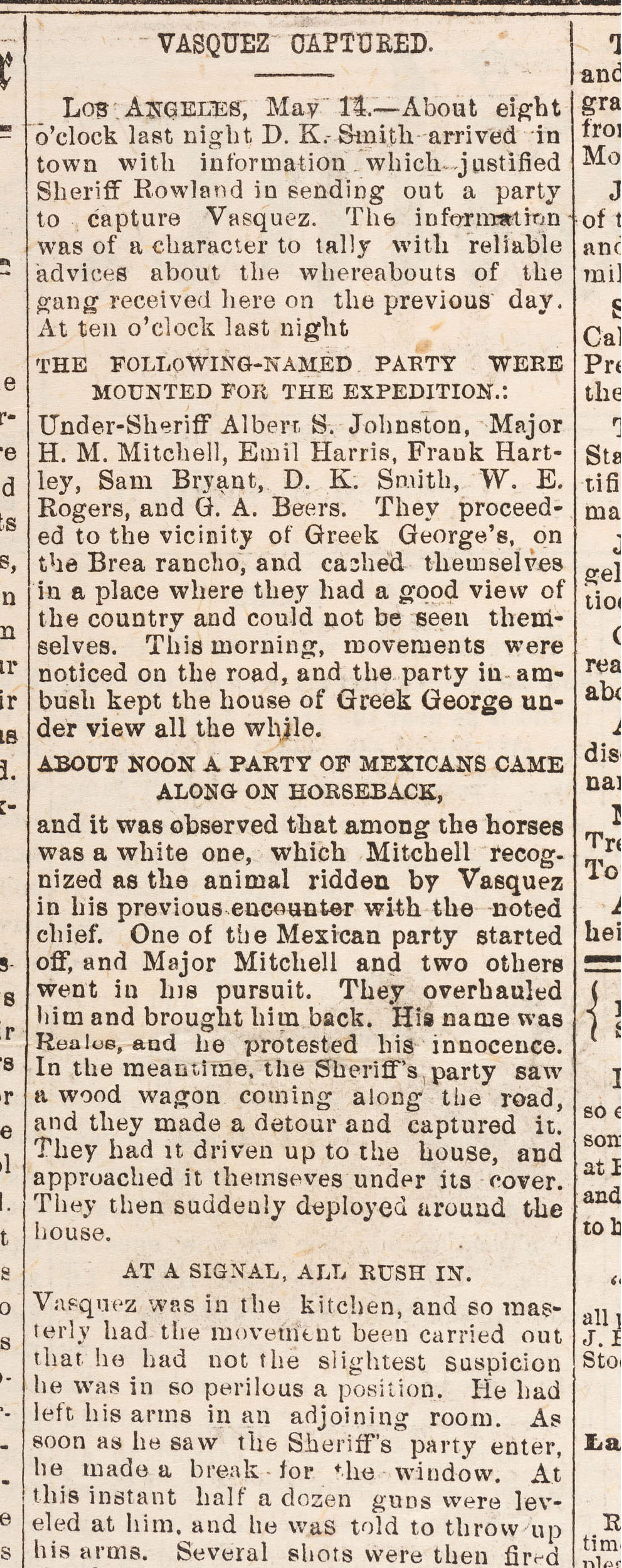 [OUTLAWS & LAWMEN]. The Weekly Fresno Expositor . Vol. 5, No. 5. Fresno, CA: J.W. Ferguson, 20 May 1874. Containing report of the capture of California bandit Tiburcio Vasquez.
