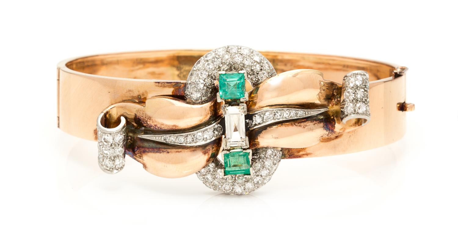 A Retro Rose Gold, Emerald and Diamond Bangle Bracelet, 26.90 dwts.