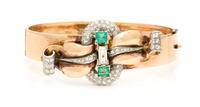 A Retro Rose Gold, Emerald and Diamond Bangle Bracelet, 26.90 dwts.