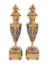 A Pair of French Gilt Bronze and Champlevé Enamel Urns