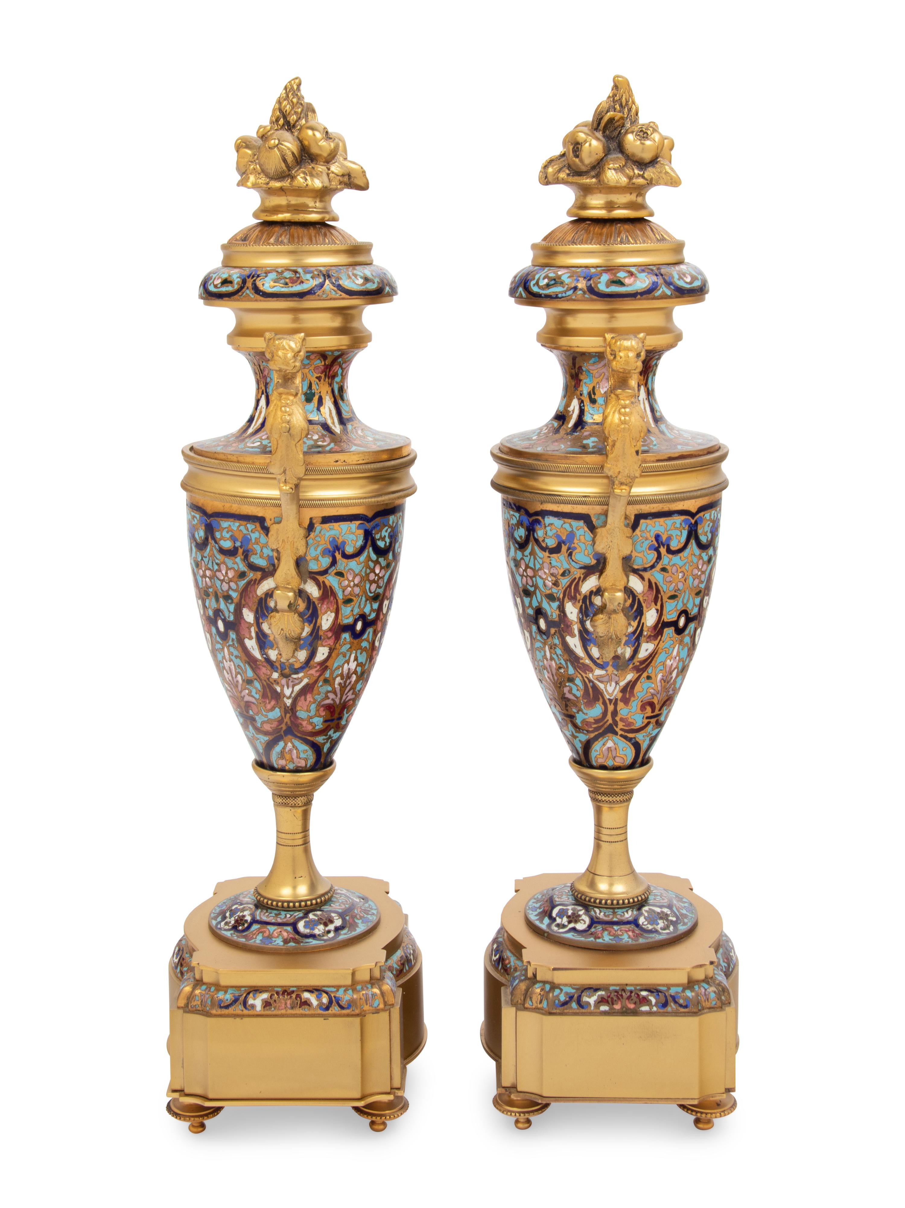 A Pair of French Gilt Bronze and Champlevé Enamel Urns