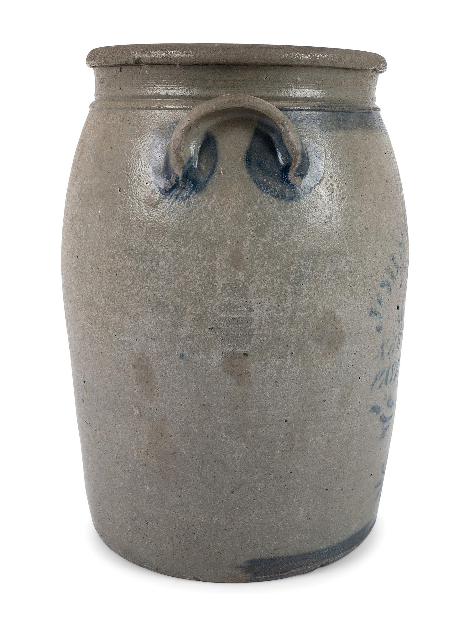 A Pennsylvania Cobalt-Stenciled Four-Gallon Stoneware Crock