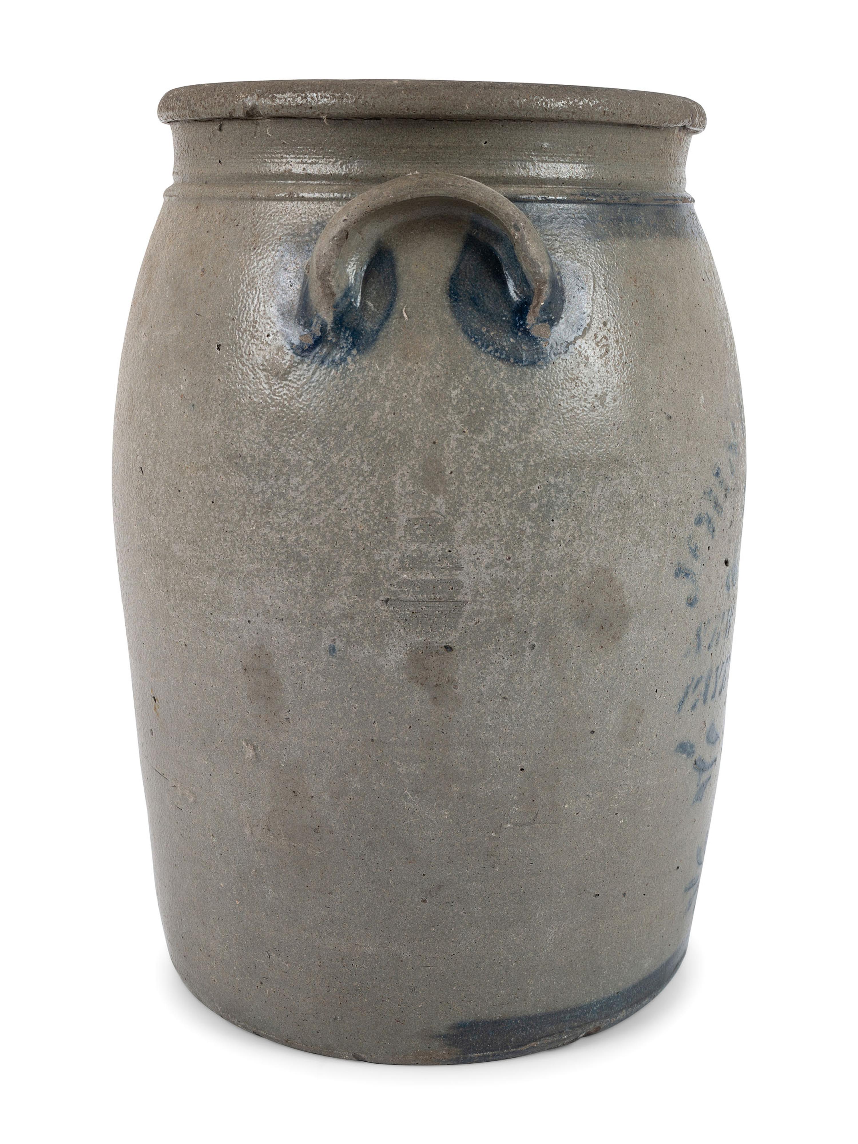 A Pennsylvania Cobalt-Stenciled Four-Gallon Stoneware Crock