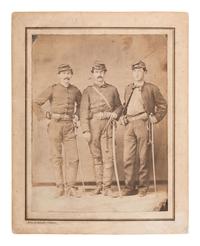[CIVIL WAR] SCHOLTEN, J.A. Salted paper print of 3 cavalrymen with revolvers & sabers. St. Louis.