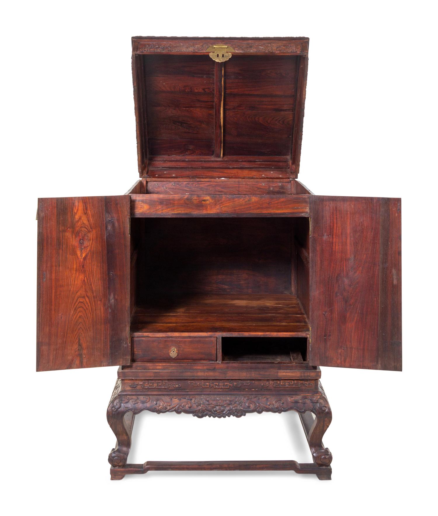 A Pair of Large Chinese Export Jade-Inset Carved Hardwood Chests on Stands