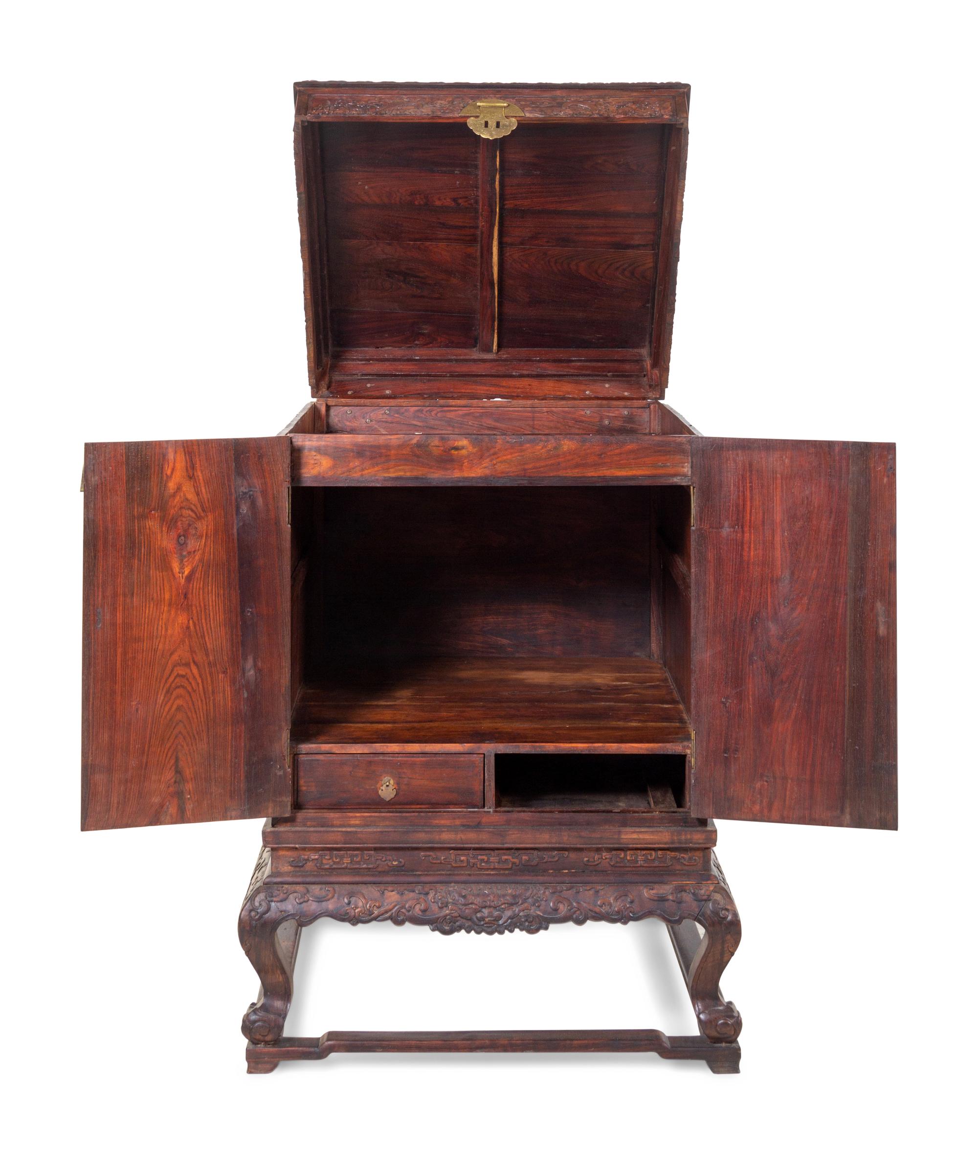 A Pair of Large Chinese Export Jade-Inset Carved Hardwood Chests on Stands