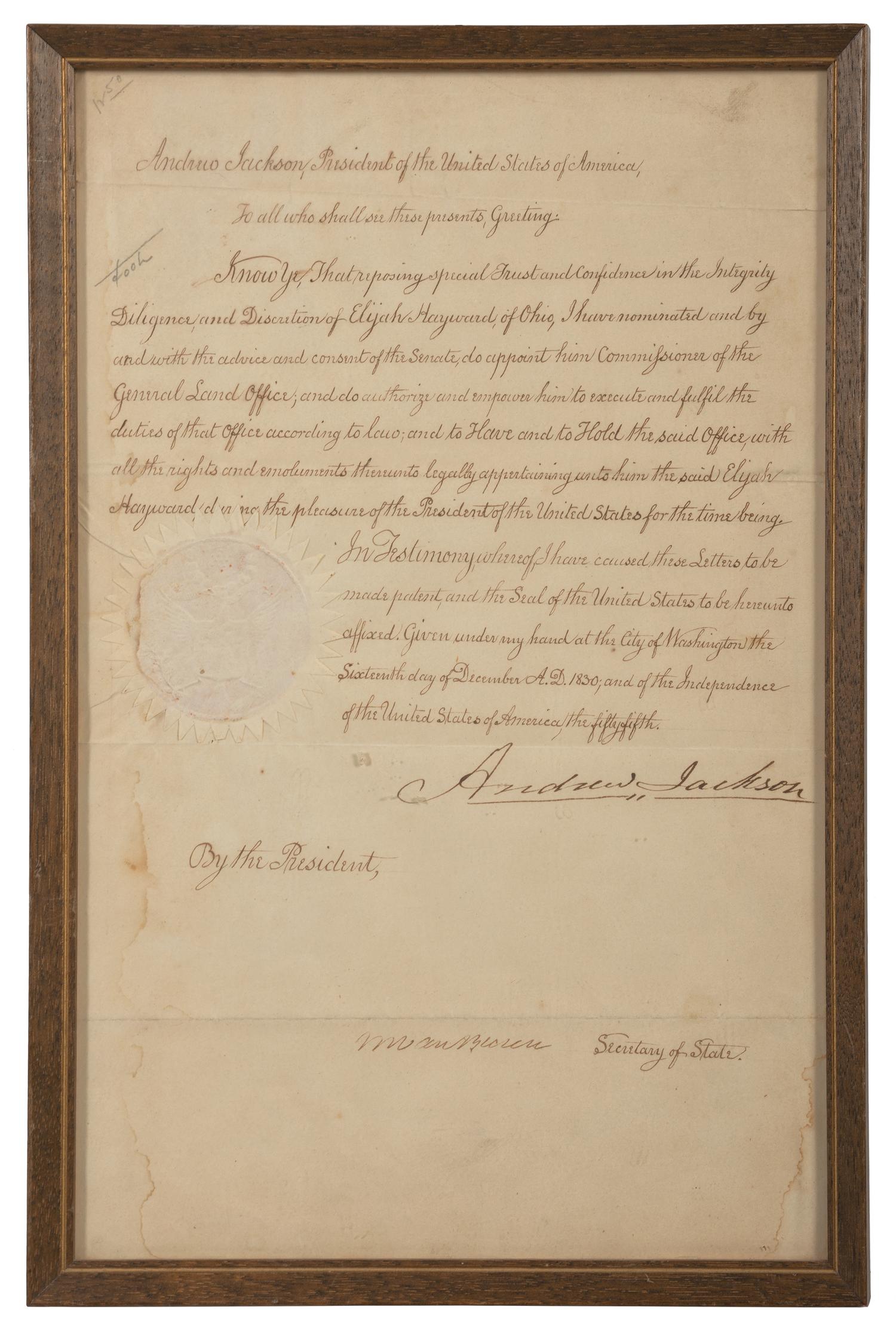 JACKSON, Andrew (1767-1845). Document signed ("Andrew Jackson"), as President of the United States, countersigned by Martin Van Buren as Secretary of State. Washington DC, 16 December 1830. 1 page, 9-3/8 x 14-5/8 (sight) (235 x 368 mm)