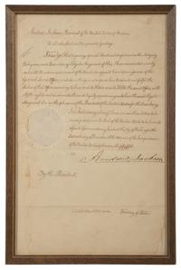 JACKSON, Andrew (1767-1845). Document signed ("Andrew Jackson"), as President of the United States, countersigned by Martin Van Buren as Secretary of State. Washington DC, 16 December 1830. 1 page, 9-3/8 x 14-5/8 (sight) (235 x 368 mm)