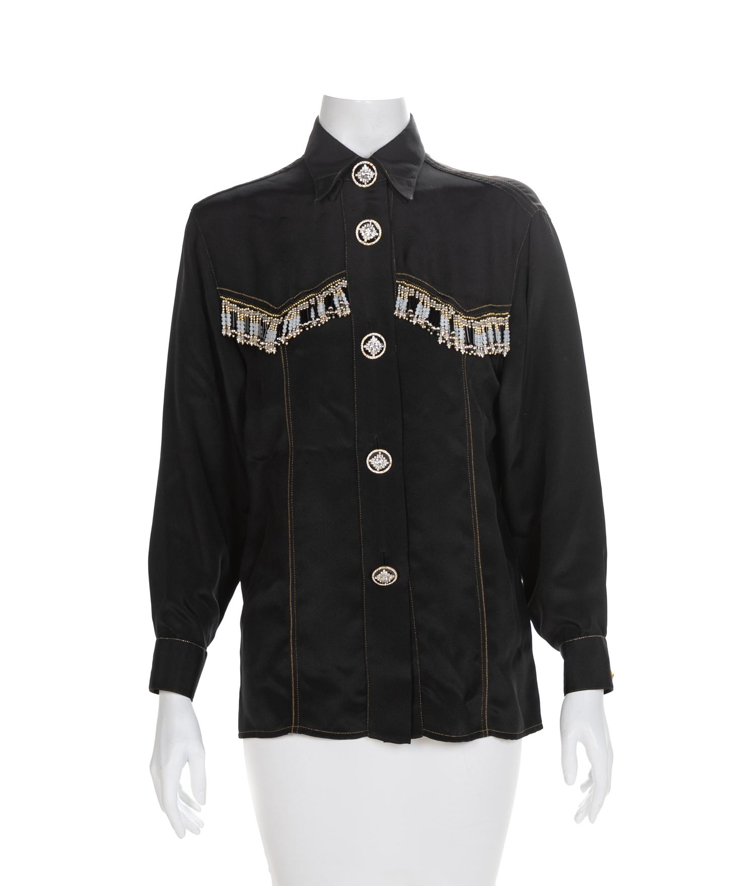 Atelier Versace Black Western Shirt with Beaded Fringe and Rhinestone Buttons, 1990s Size label: 42