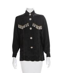 Atelier Versace Black Western Shirt with Beaded Fringe and Rhinestone Buttons, 1990s Size label: 42