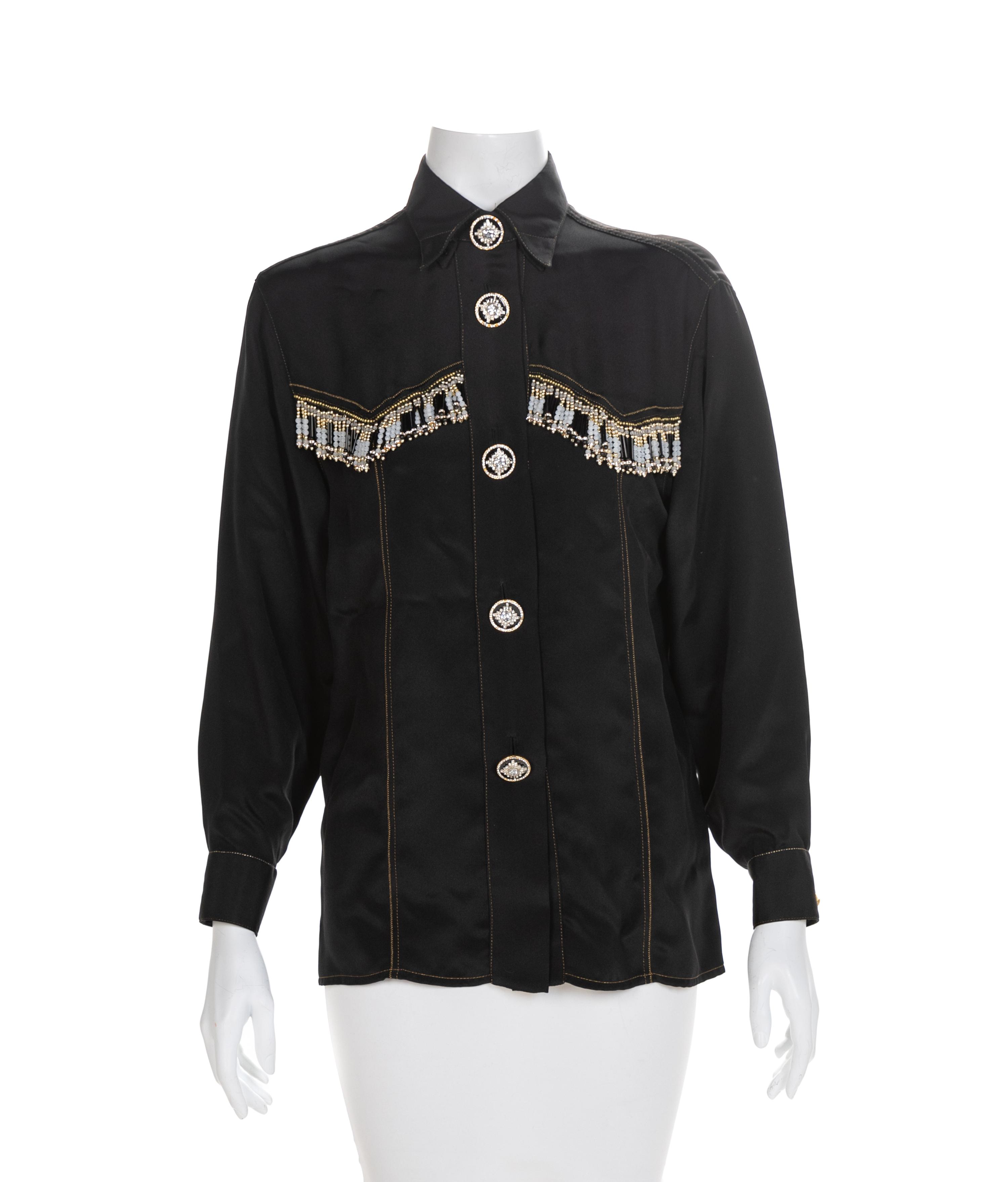 Atelier Versace Black Western Shirt with Beaded Fringe and Rhinestone Buttons, 1990s Size label: 42