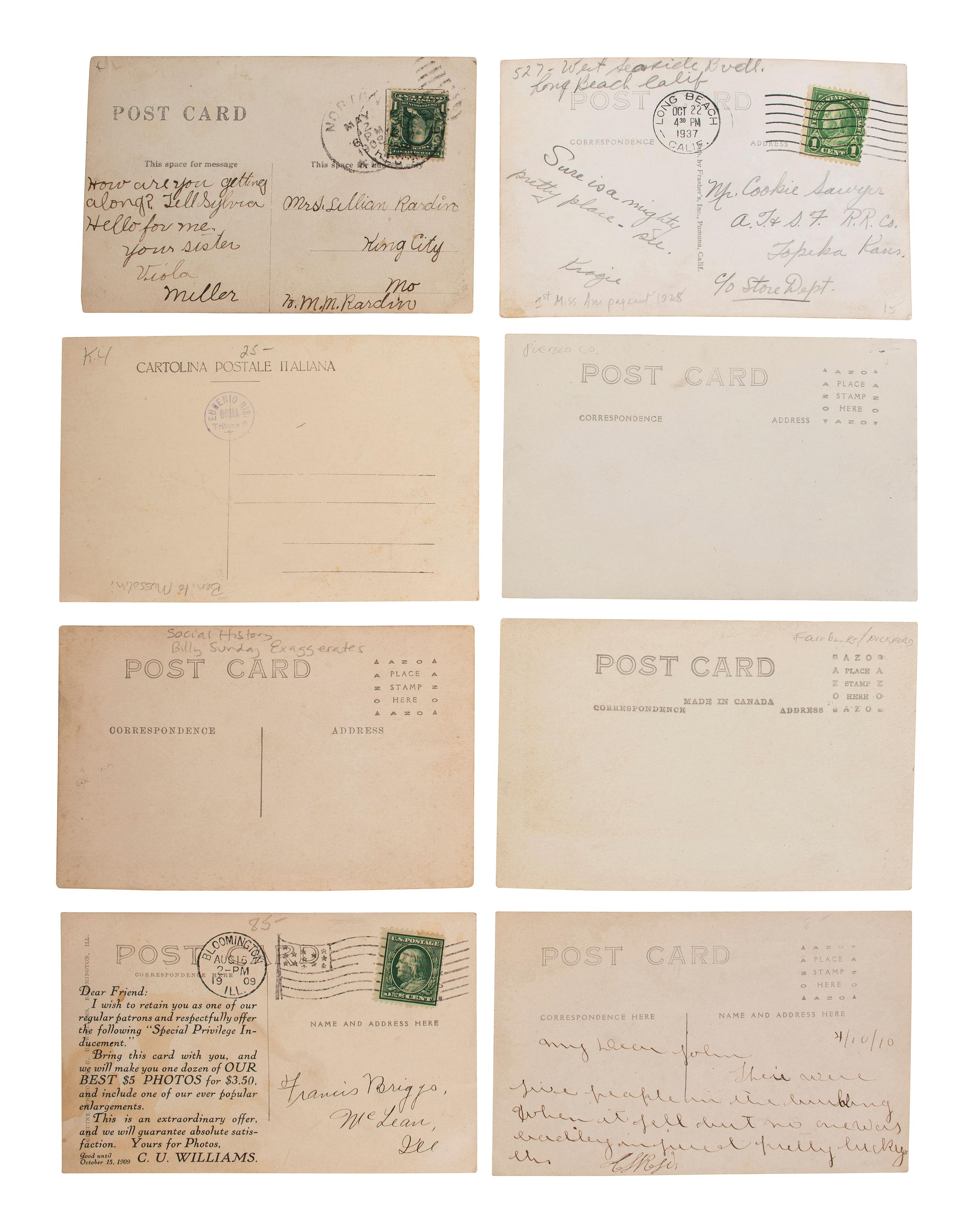[EARLY PHOTOGRAPHY]. A group of 42 real photo postcards of cityscapes, town activities and disasters, parades, circuses, and fairs, highlighted by view of a child labor protest, an elephant parade, and bronco busting.