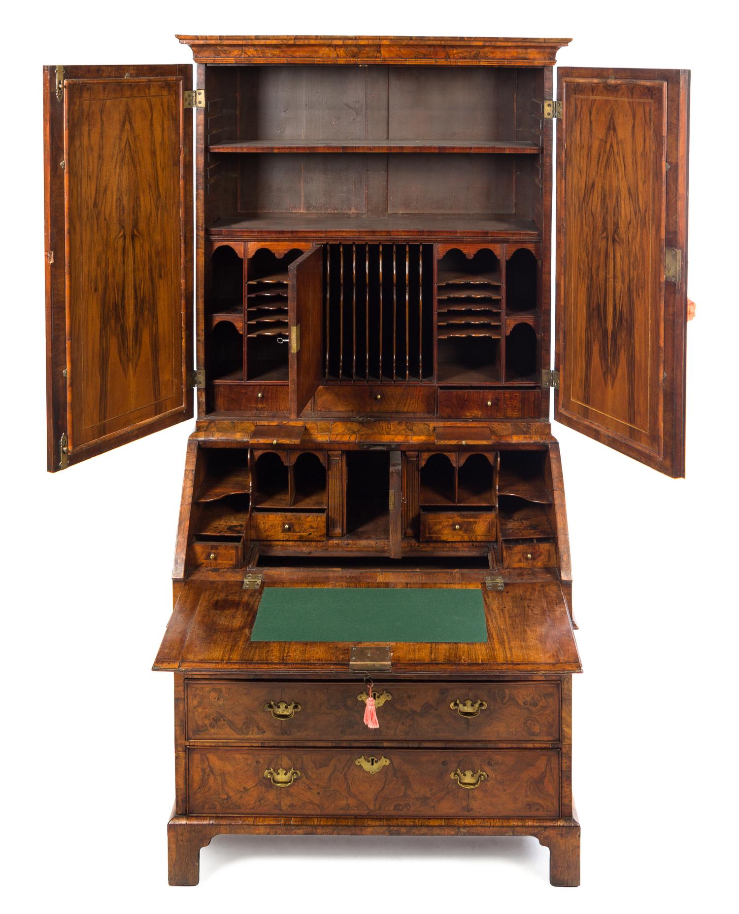 A Queen Anne Walnut Secretary Bookcase Height 84 x width 41 x depth 23 inches. — 18TH CENTURY