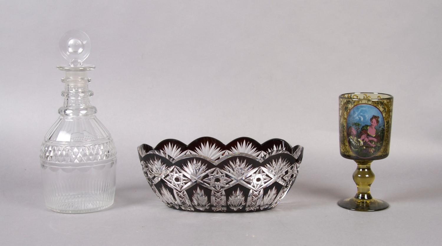 A Continental Enameled Glass Goblet, Height of first approximately 6 inches.