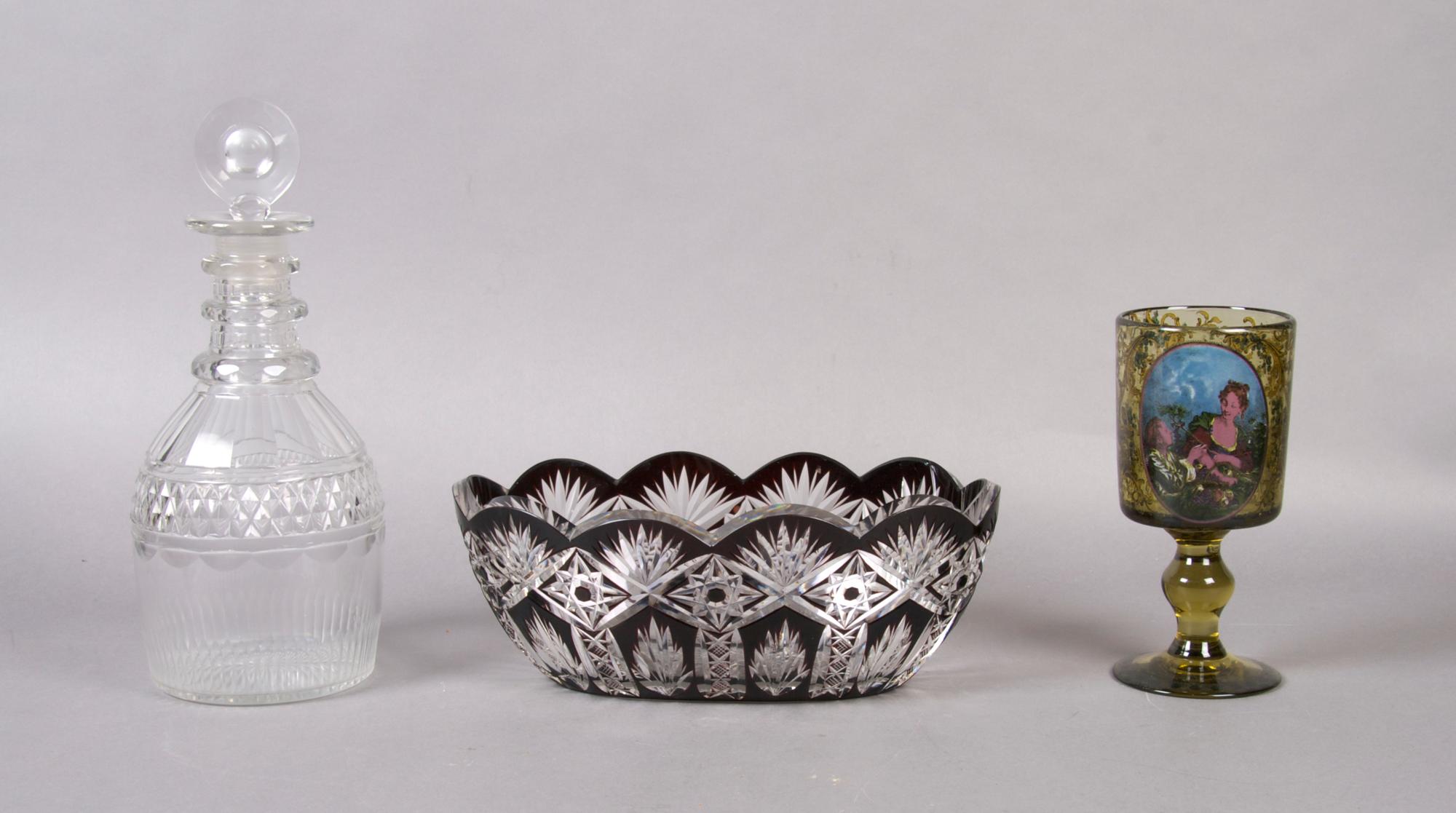 A Continental Enameled Glass Goblet, Height of first approximately 6 inches.