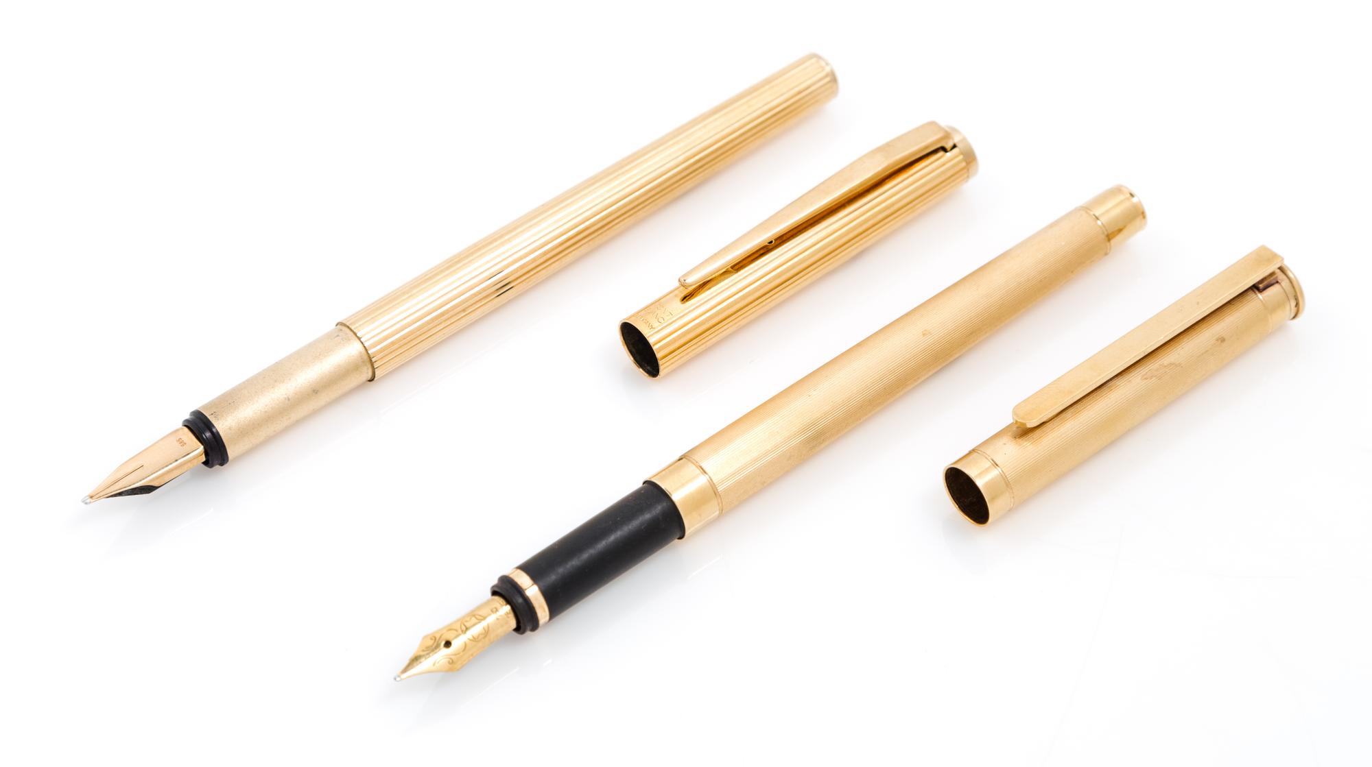 Two Montblanc Gold-Plated Fountain Pens Length 5 1/2 inches.