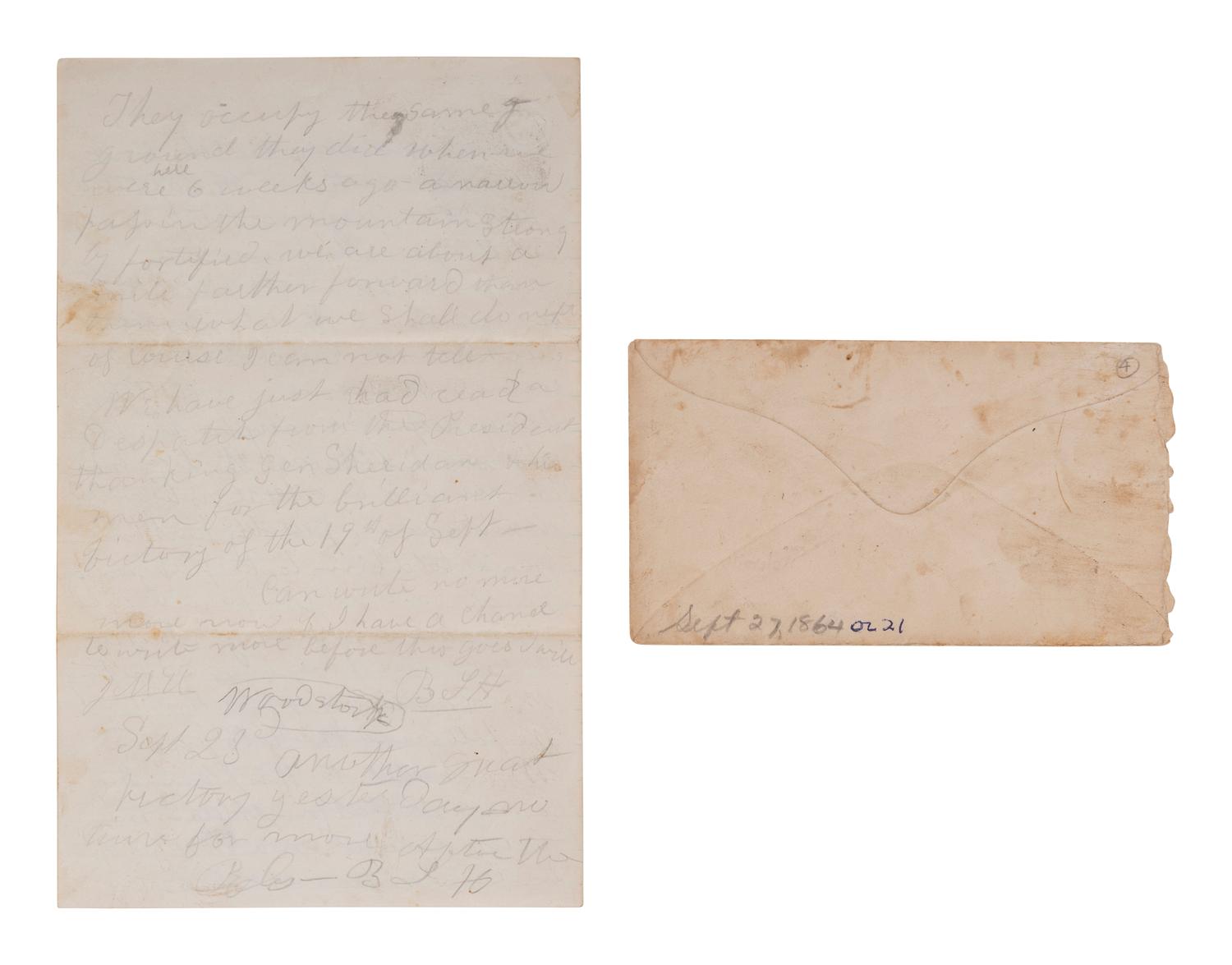 [CIVIL WAR]. Letter from Private Benjamin F. Hulbard, Co. H, Vermont 2nd Infantry, describing the Third Battle of Winchester. "Near Strasburgh," 21 September [1864].