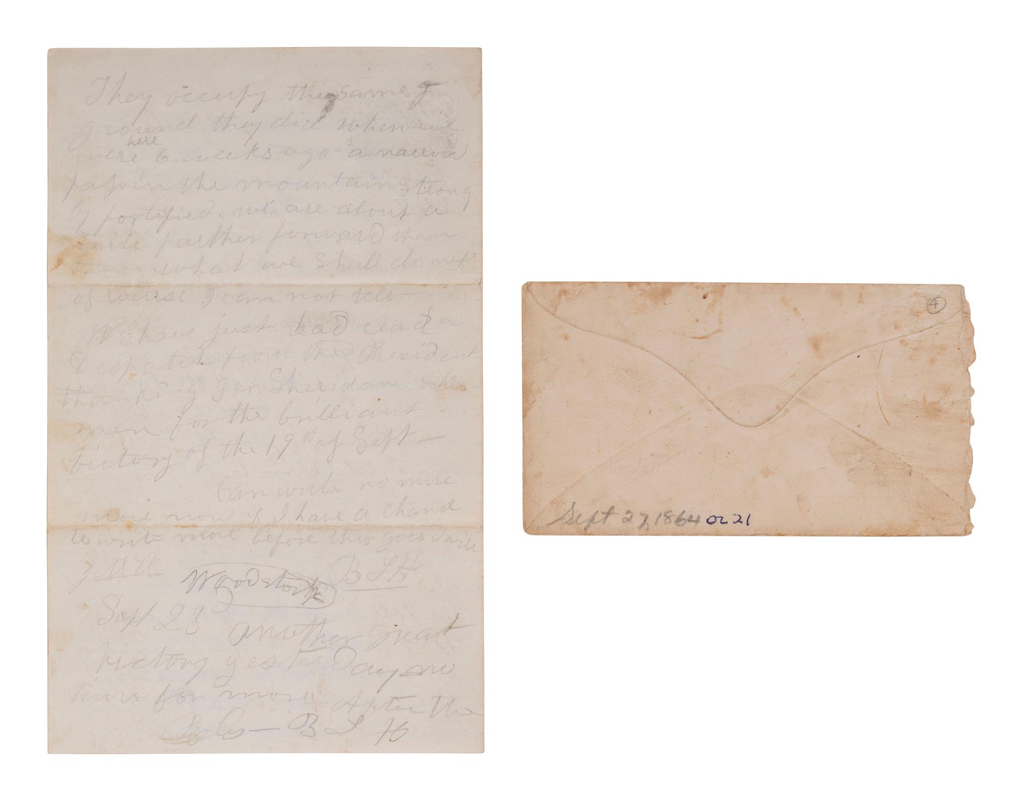 [CIVIL WAR]. Letter from Private Benjamin F. Hulbard, Co. H, Vermont 2nd Infantry, describing the Third Battle of Winchester. "Near Strasburgh," 21 September [1864].