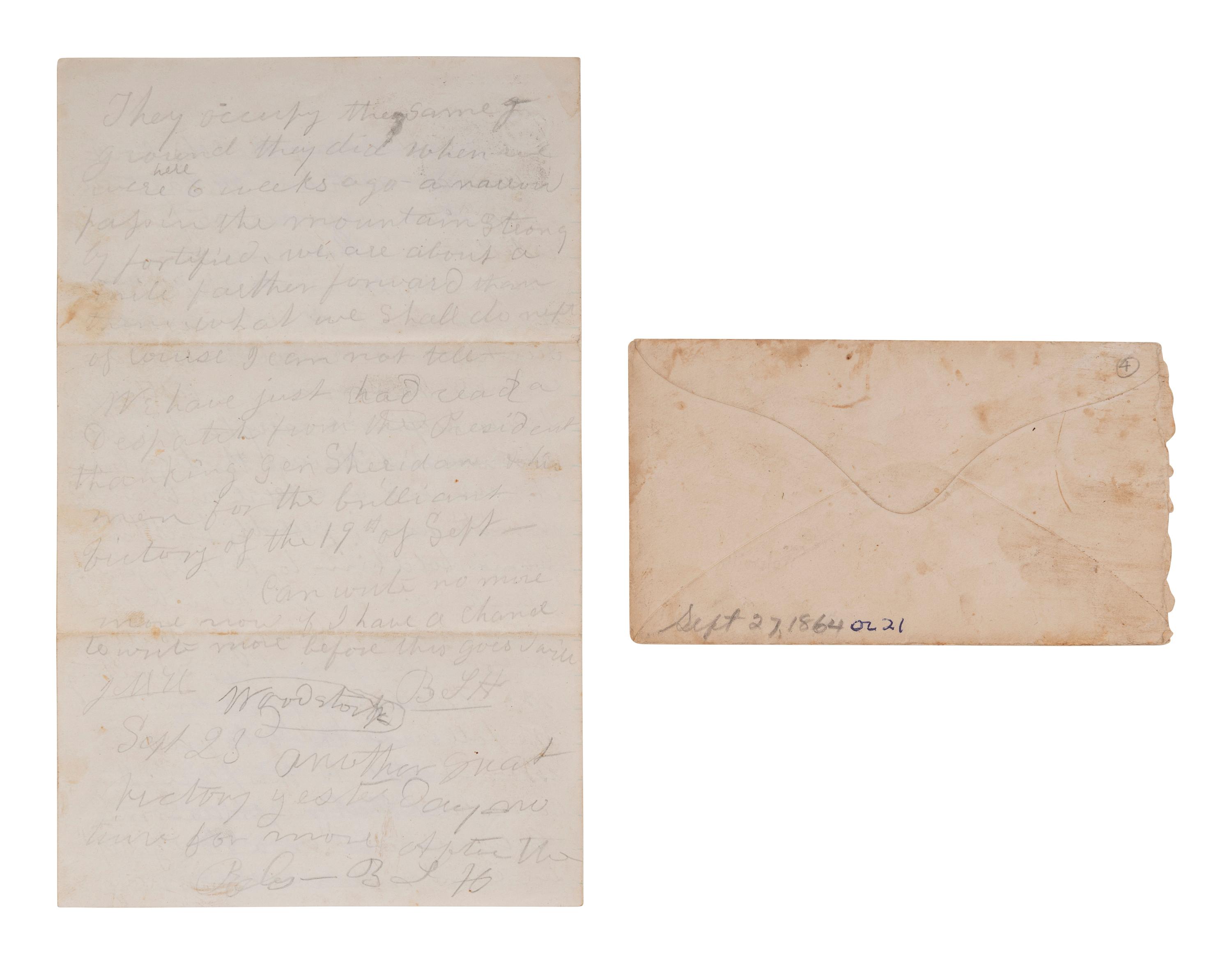 [CIVIL WAR]. Letter from Private Benjamin F. Hulbard, Co. H, Vermont 2nd Infantry, describing the Third Battle of Winchester. "Near Strasburgh," 21 September [1864].