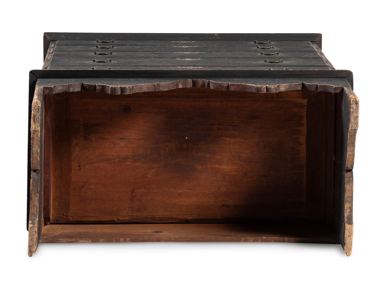 A Country Queen Anne Black Painted Cherrywood and Pine Tall Chest of Drawers, 18th Century