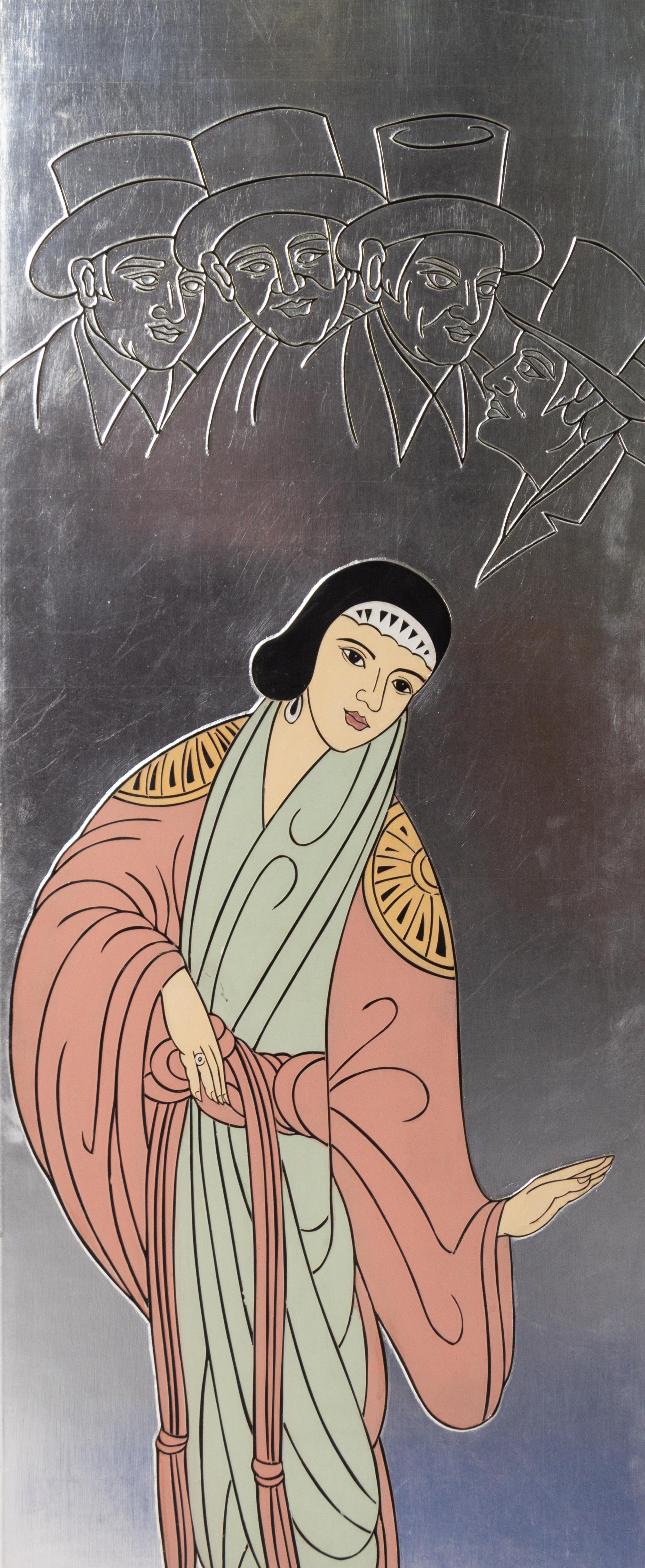 A Chinese Painted and Lacquered Three-Panel Screen