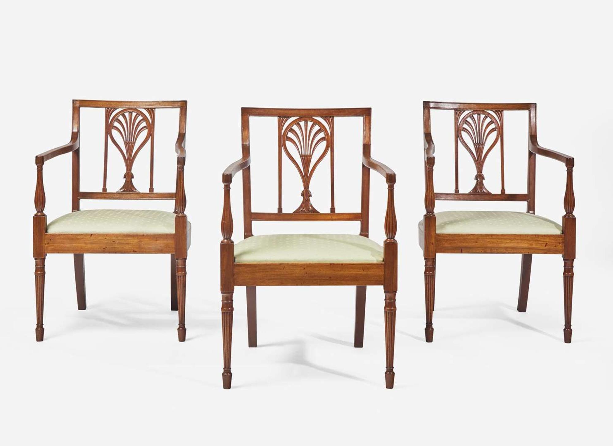A group of three Federal mahogany racquet-back armchairs, Philadelphia, PA, circa 1790