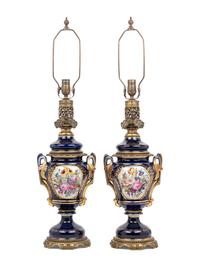 A Pair of French Porcelain Oil Lamps Converted to Electricity