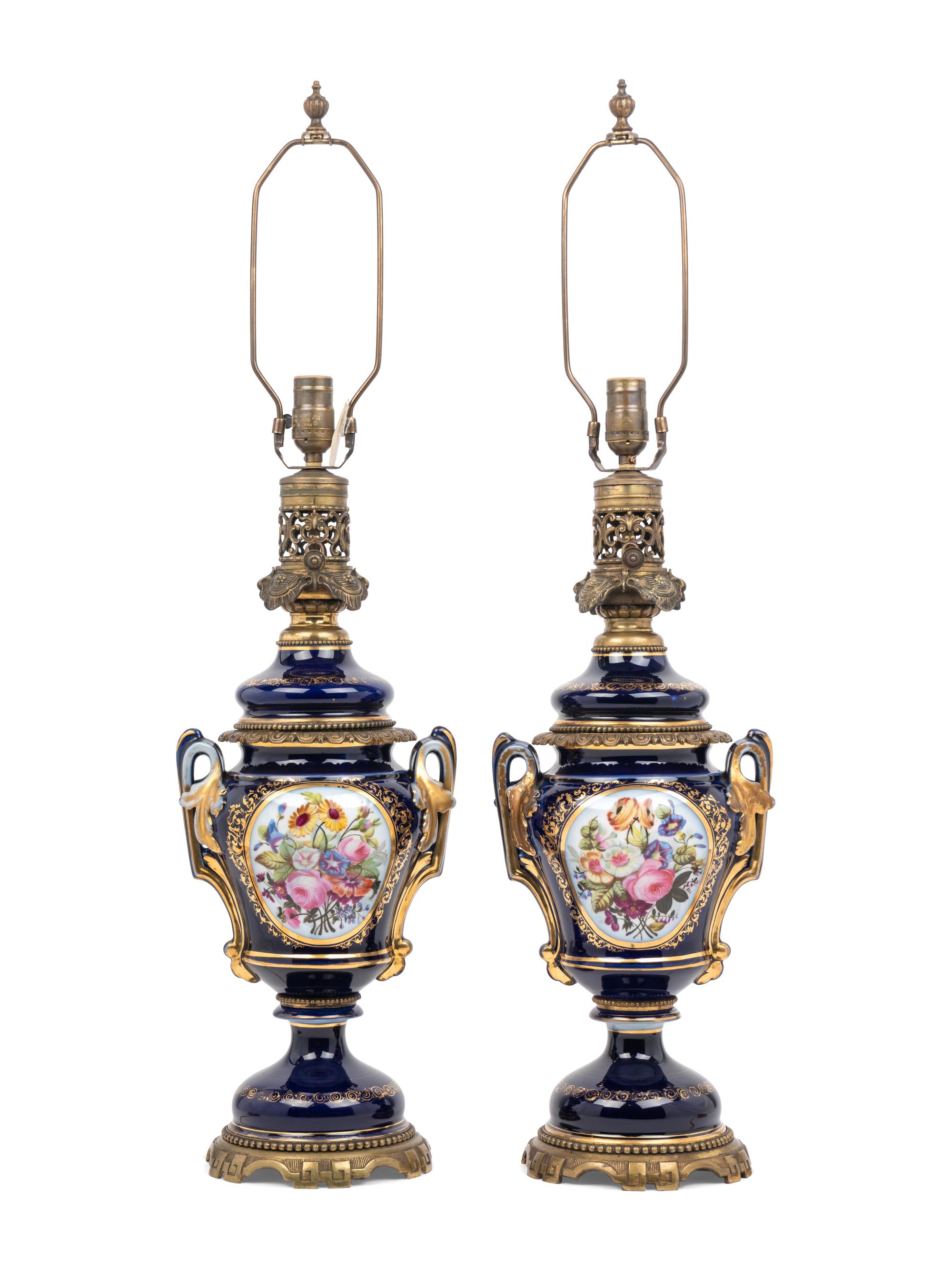 A Pair of French Porcelain Oil Lamps Converted to Electricity