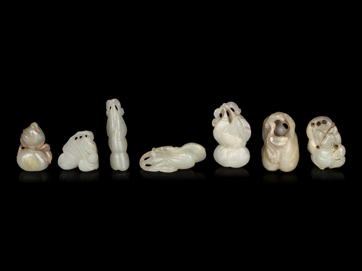 Seven Chinese Celadon Jade Carvings of Double Gourds