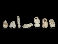 Seven Chinese Celadon Jade Carvings of Double Gourds