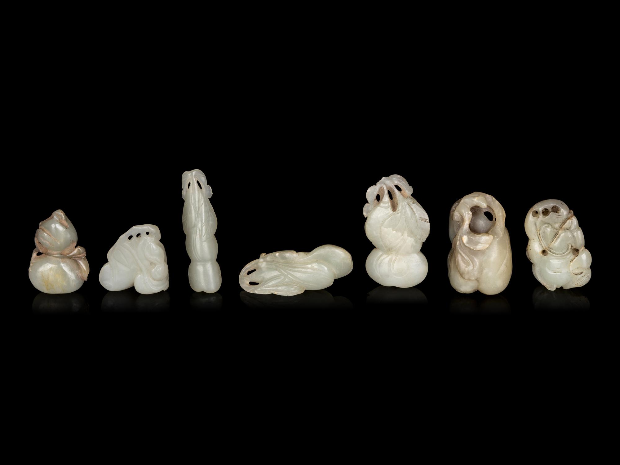 Seven Chinese Celadon Jade Carvings of Double Gourds