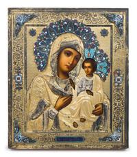 A Russian Silver-Gilt and Enamel Oklad Icon, Maker's Mark M.H., Moscow, Late 19th/Early 20th Century, the gilt riza with enamel decorat