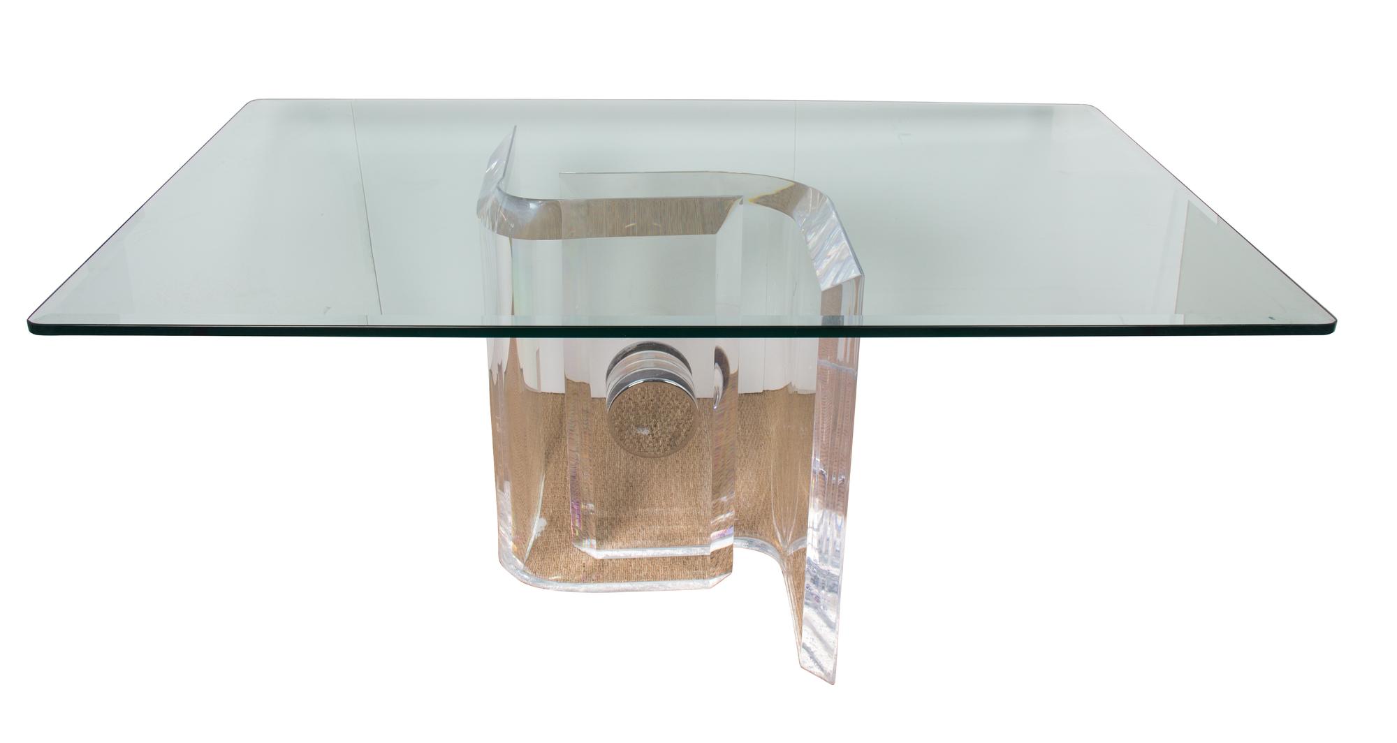 A Contemporary Glass Top Lucite and Chrome Base Dining Table Height 29 x width 66 x depth 40 inches. — 20TH CENTURY