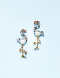 EVELYN CLOTHIER, CULTURED BAROQUE PEARL AND DIAMOND FLAMINGO BROOCHES