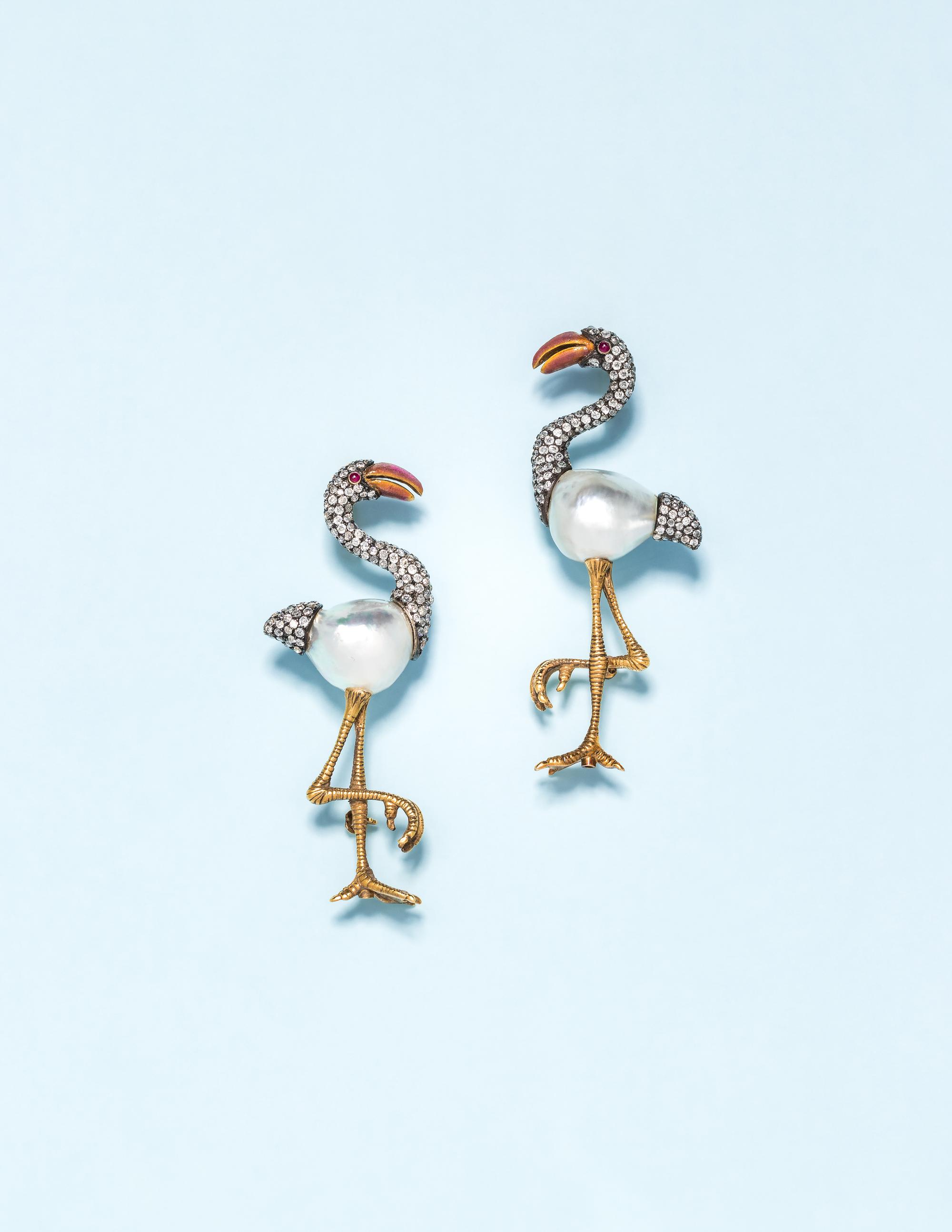 EVELYN CLOTHIER, CULTURED BAROQUE PEARL AND DIAMOND FLAMINGO BROOCHES
