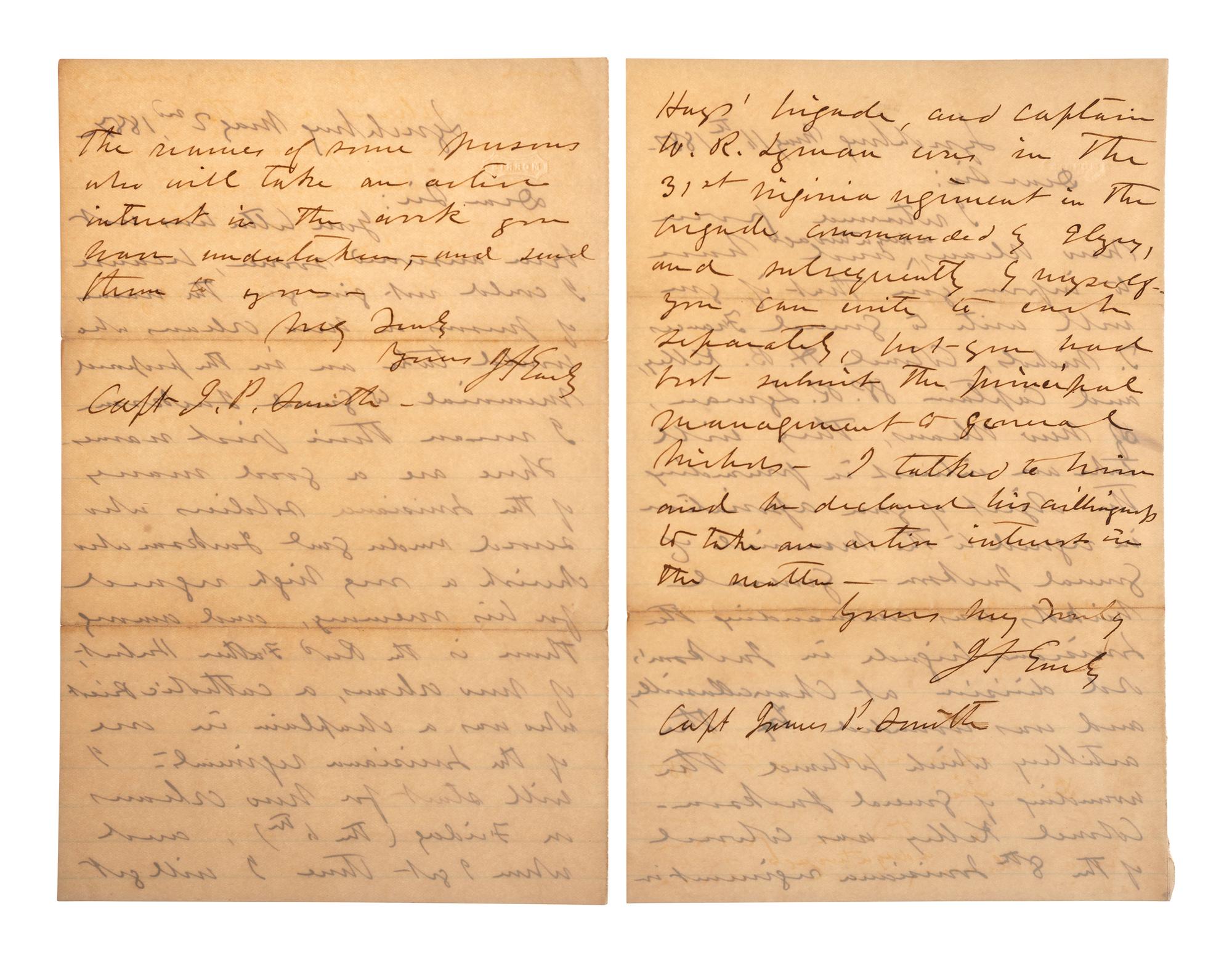 [CIVIL WAR]. EARLY, Jubal A. (1816-1894). Two post-war autographed letters signed ("JA Early") to Reverend James Powell Smith. Lynchburg, VA, 2 and 16 May 1887.