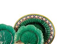 A Group of Seven Wedgwood Majolica Table Articles and a Hummingbird Sugar Bowl — 19th Century