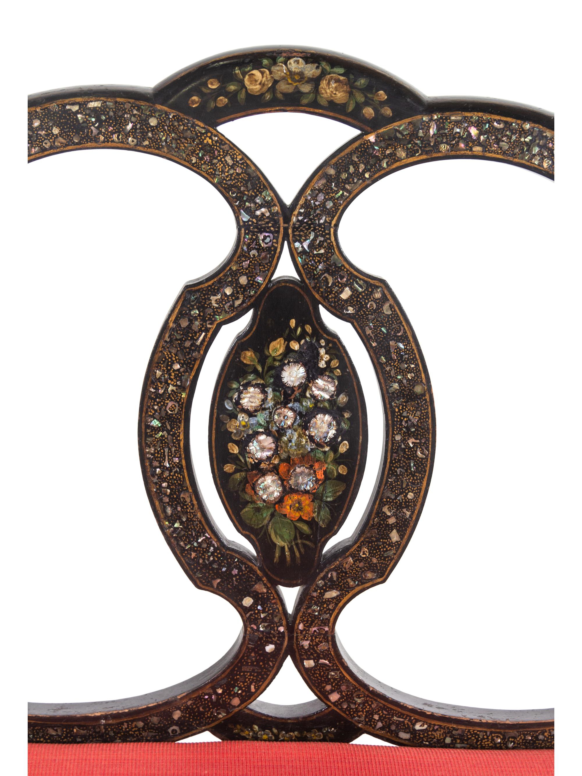 A French Painted and Mother-of-Pearl Inlaid Black Painted Hall Bench