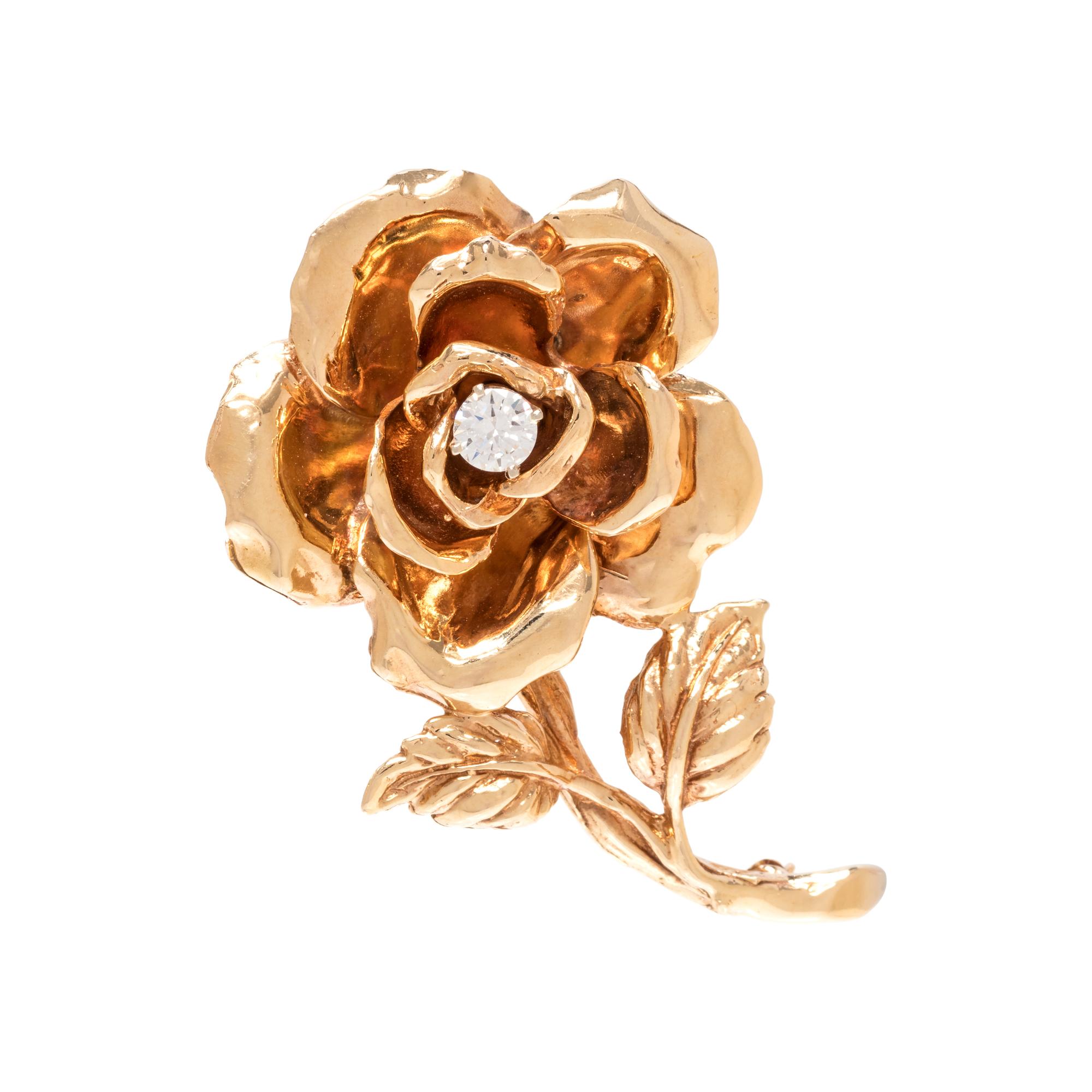 YELLOW GOLD AND DIAMOND ROSE BROOCH