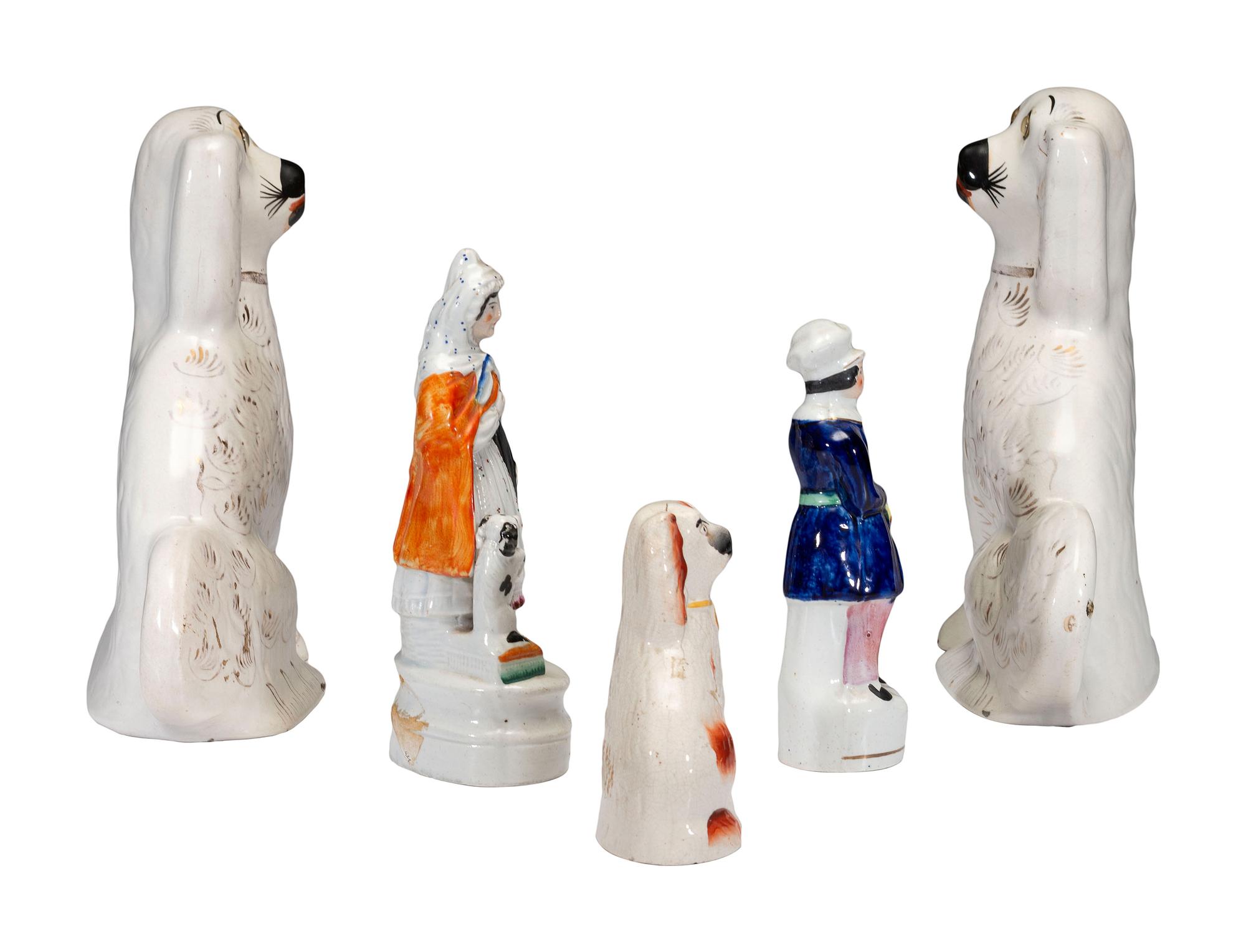 Five Staffordshire Glazed Dogs and Figures